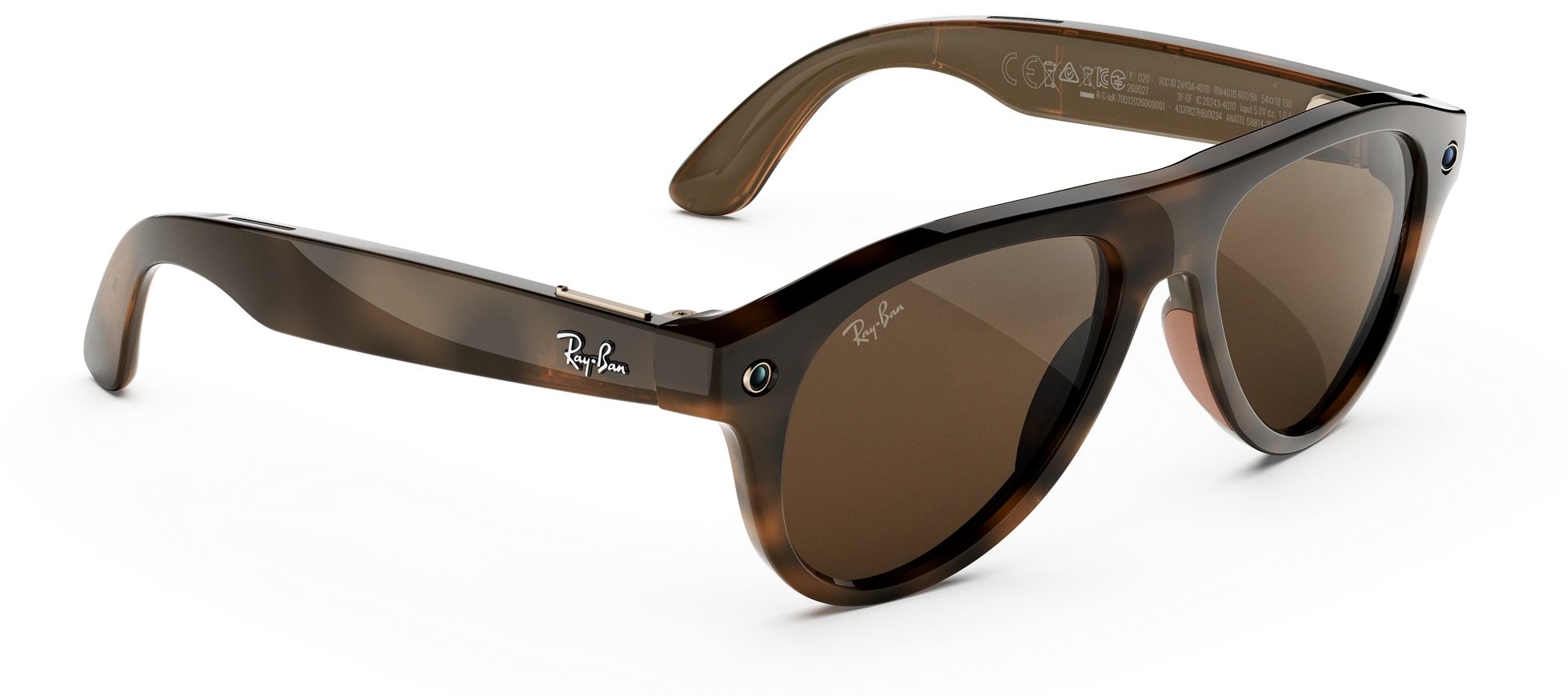 Óculos Ray-Ban Meta em tartaruga vistos de lado, com câmara integrada na armação